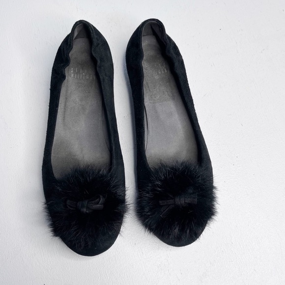 Stuart Weitzman Black Leather Ballet Fur Pom Pom Sz 6 - Picture 2 of 8